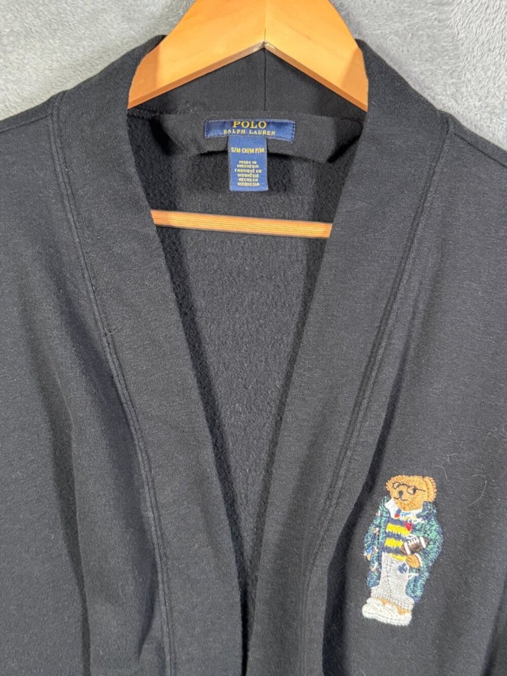 Polo Ralph Lauren Robe Mens S/M Black Polo Bear Fleece Belted Bathrobe